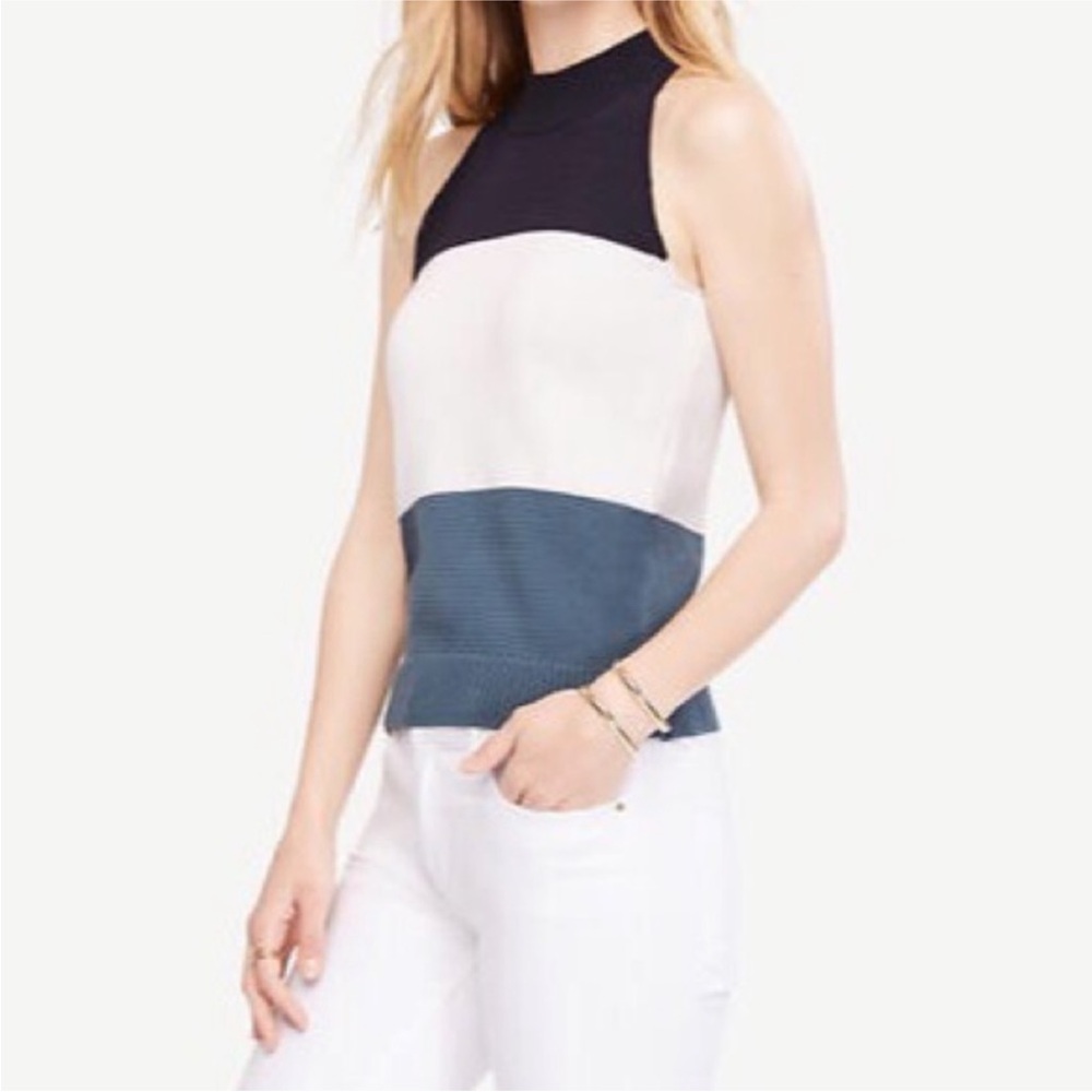 NWT. Size MED. Ann Taylor Colorblock Mock Neck Halter Sweater - Navy White Blue
